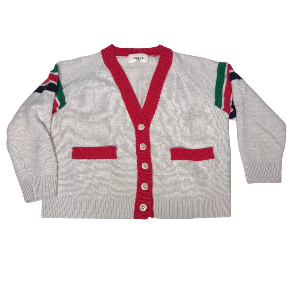 The Great. V Neck Wool Blend Red Stripe Sleeve Button Down Cardigan Sweater 1